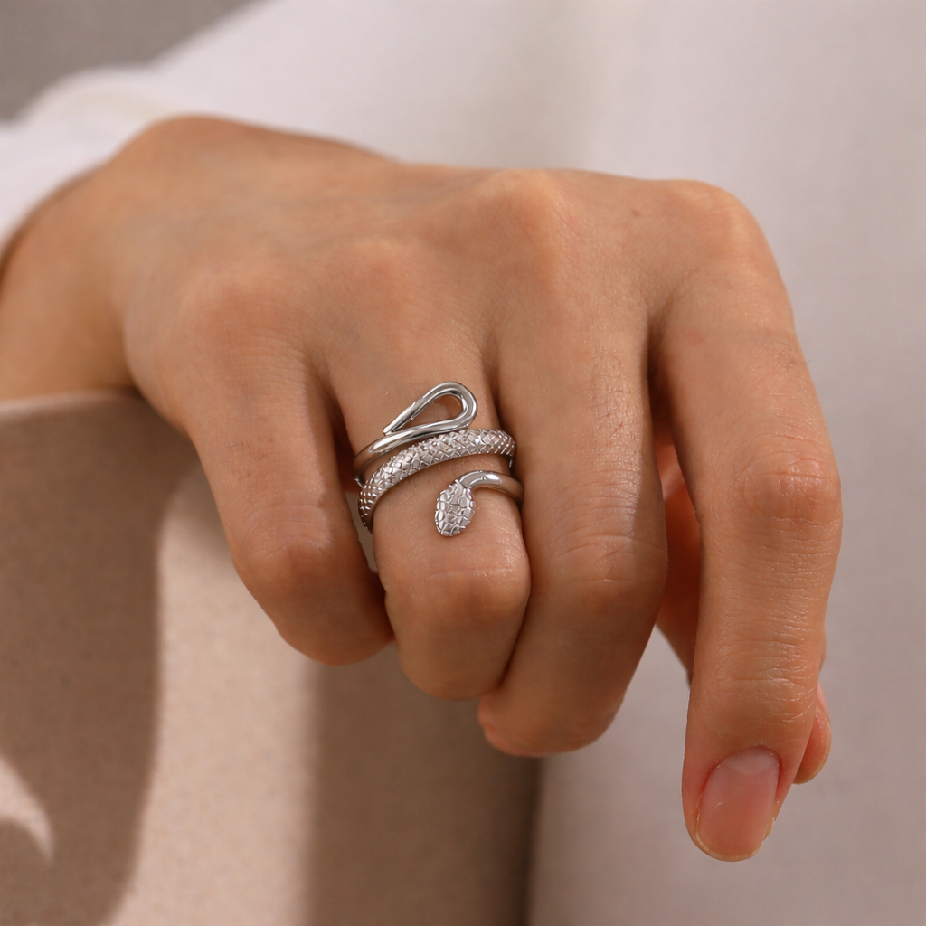 Ring Schlange Silber Verstellbar Wasserfest Edelstahl 316L Extravagant