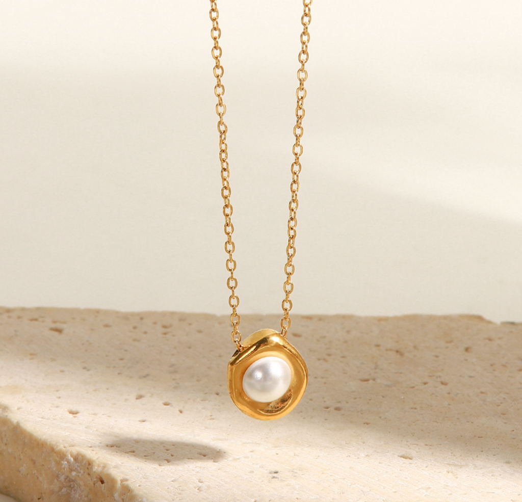 Perlen-Anhänger Kette 18K Vergoldet Wasserfest Edelstahl 316L Elegant