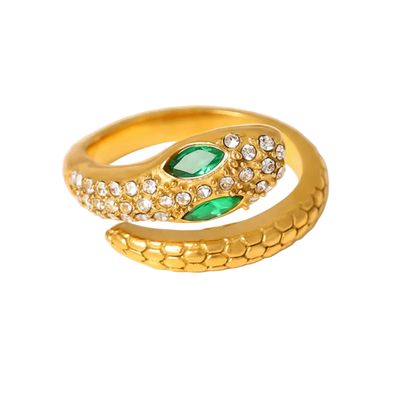 Ring Schlange 18K Vergoldet Grün Zirkonia Verstellbar Wasserfest Edelstahl 316L Luxuriös