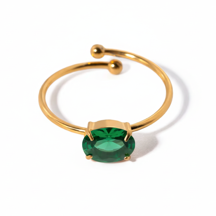 Ring "Solitara" Grün 18K Vergoldet Verstellbar Wasserfest Edelstahl 316L Modern Solitär
