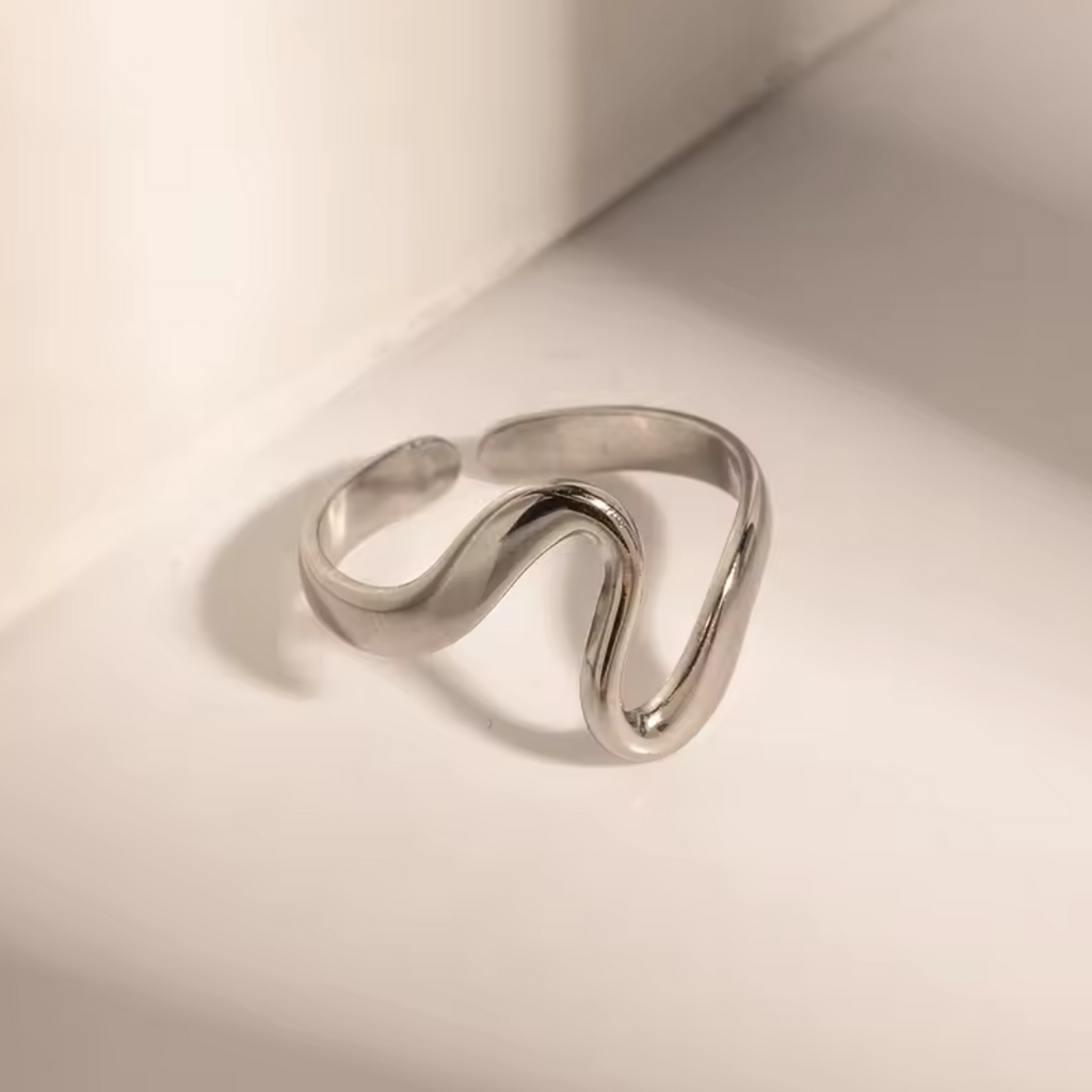 Ring Wave Silber Finish Wasserfest Edelstahl 316L Modern  Verstellbar Offen