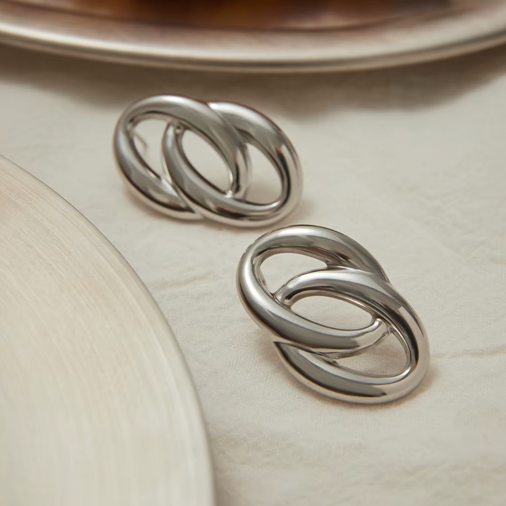 Ohrringe Doppel-Ring Silber Finish Stecker Wasserfest Edelstahl 316L Modern