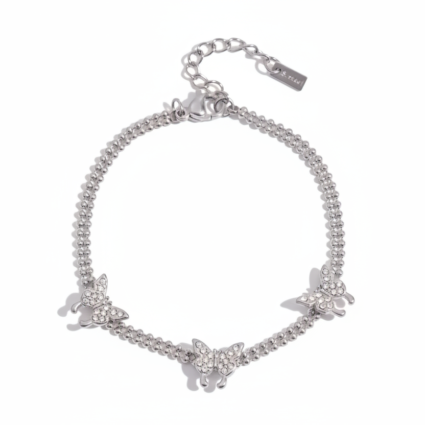 Schmetterling Armband Zirkonia Silber Finish Wasserfest Edelstahl 316L Verspielt