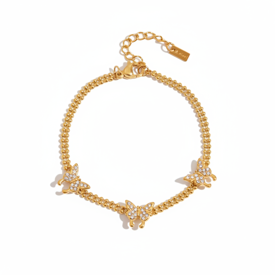 Schmetterling Armband 18K Vergoldet Zirkonia Wasserfest Edelstahl 316L Verspielt