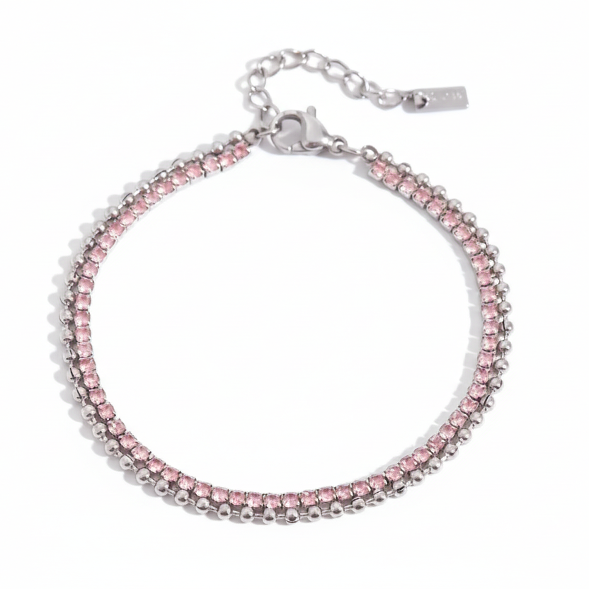 Doppel Armband Rosa Zirkonia Silber Finish Wasserfest Edelstahl 316L Elegant