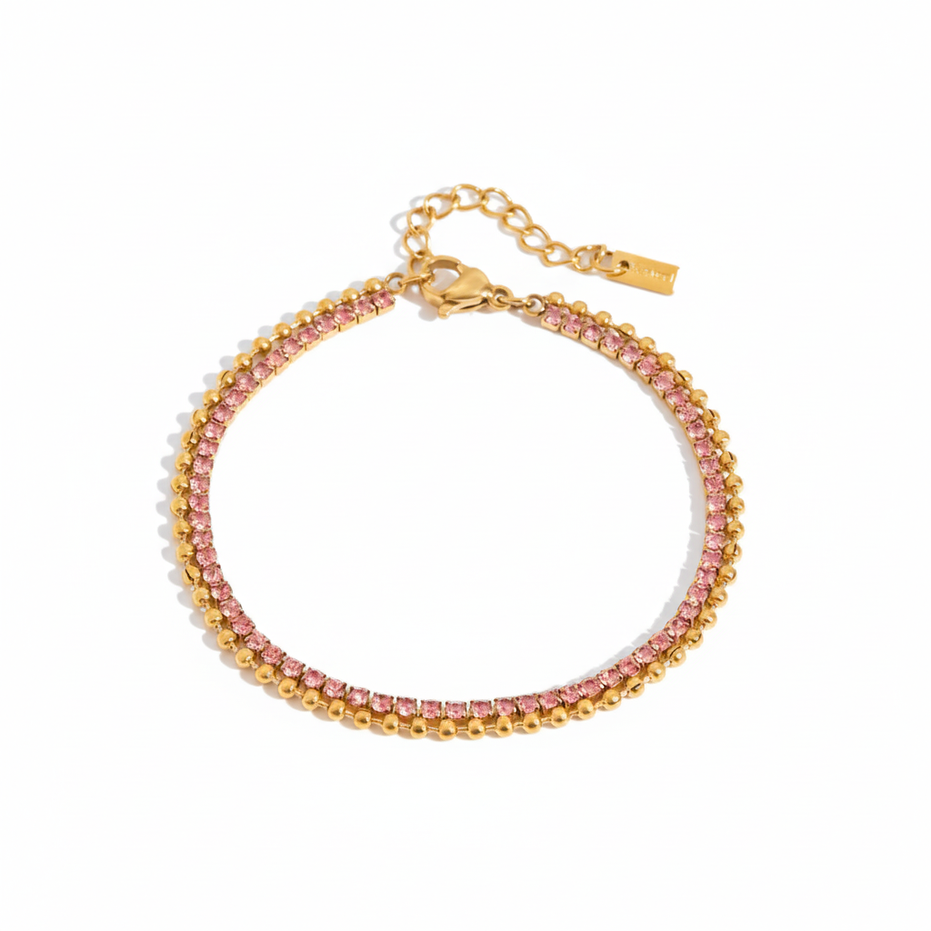 Doppel Armband 18K Vergoldet Zirkonia Rosa Wasserfest Edelstahl 316L Elegant