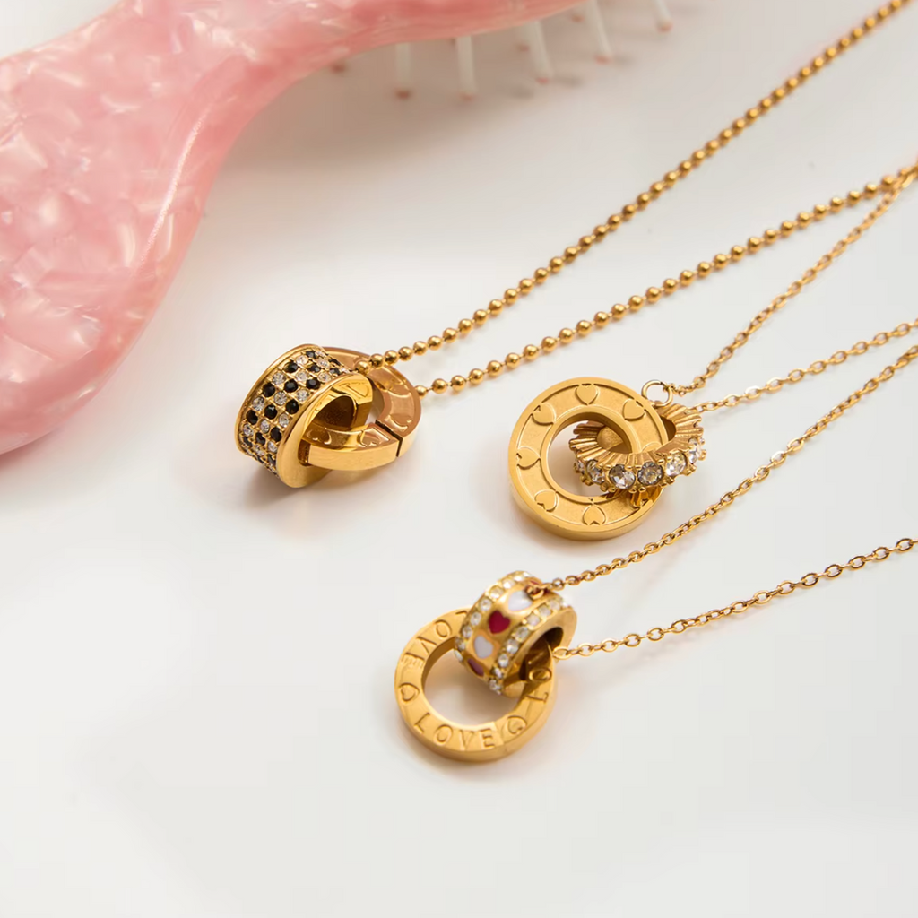 Halskette Doppelring Zirkonia 18K Vergoldet Wasserfest Edelstahl 316L Elegant