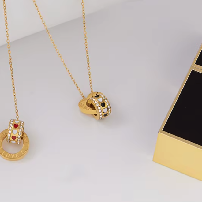 Halskette Doppelring Zirkonia 18K Vergoldet Wasserfest Edelstahl 316L Elegant