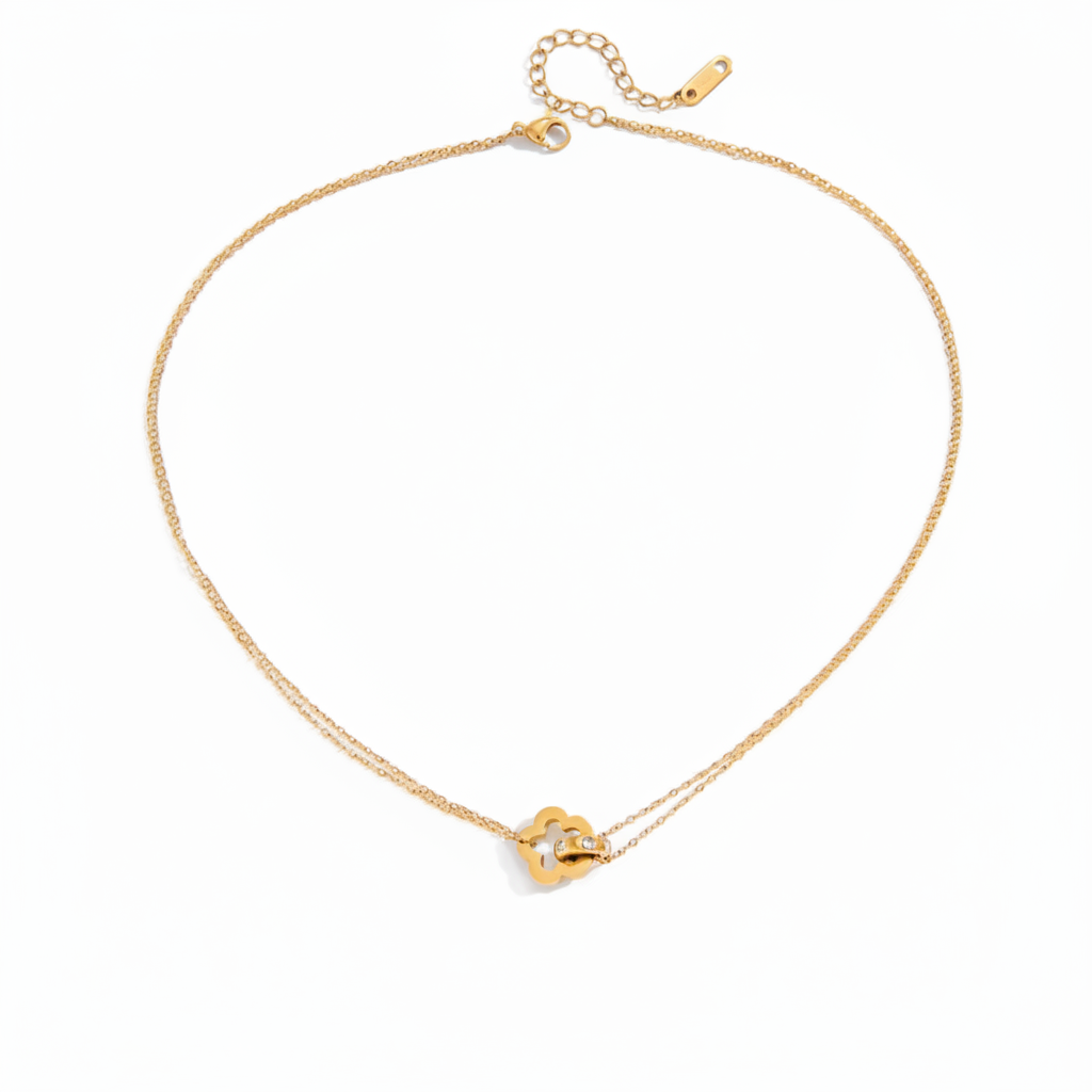 Halskette Kleeblatt Zirkonia 18K Vergoldet Wasserfest Edelstahl 316L Elegant