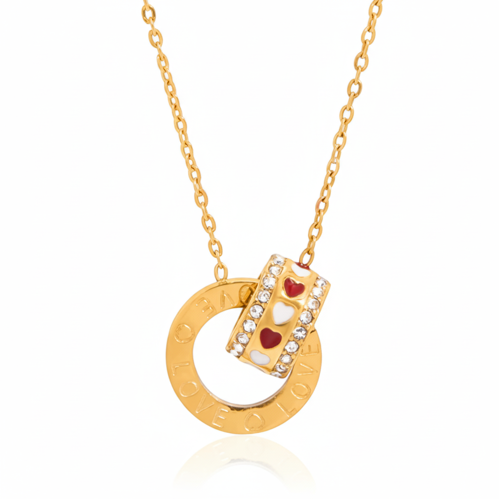 Doppelring Halskette Zirkonia 18K Vergoldet Wasserfest Edelstahl 316L