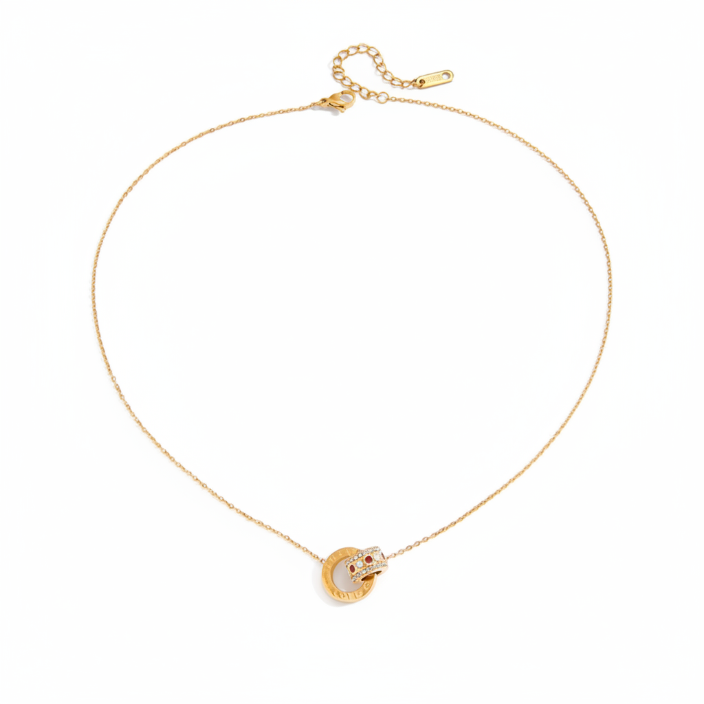 Doppelring Halskette Zirkonia 18K Vergoldet Wasserfest Edelstahl 316L