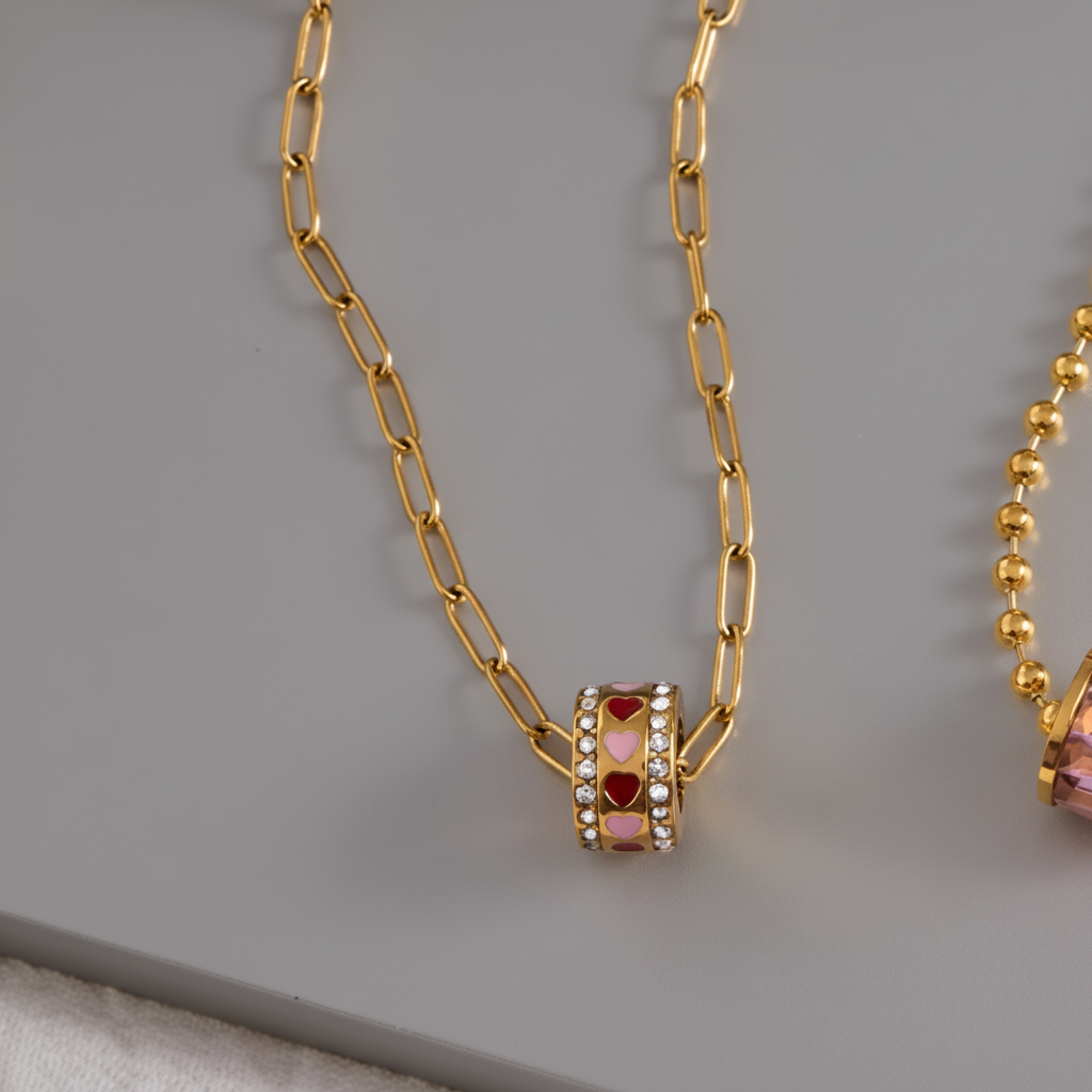 Doppelring Halskette Zirkonia 18K Vergoldet Wasserfest Edelstahl 316L