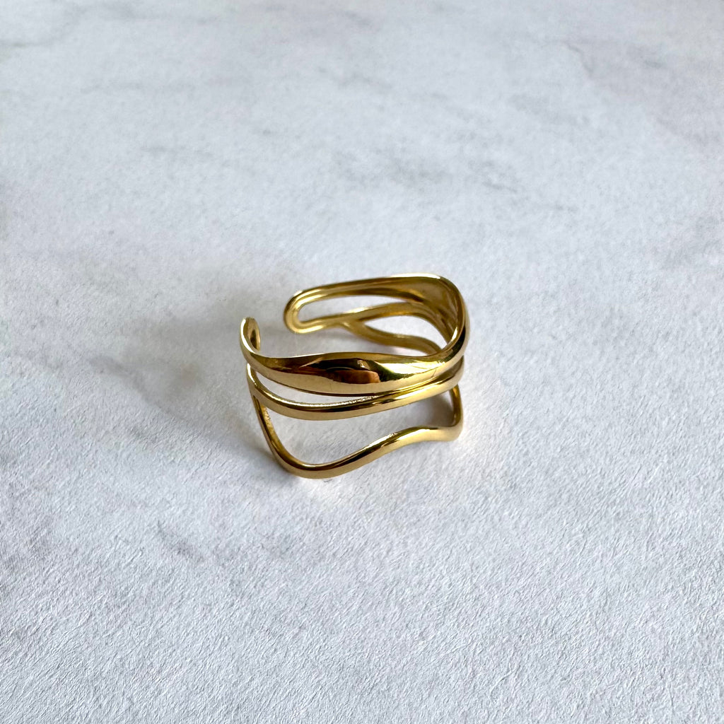 Geschwungener 18K Vergoldeter Ring Wasserfest Edelstahl 316L Verstellbar Vorderseite