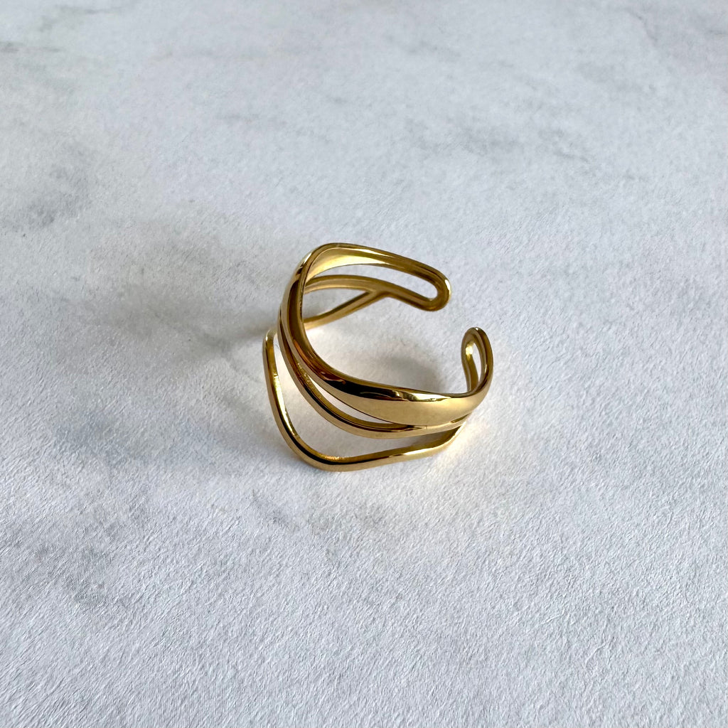 Geschwungener 18K Vergoldeter Ring Wasserfest Edelstahl 316L Verstellbar linke Vorderseite