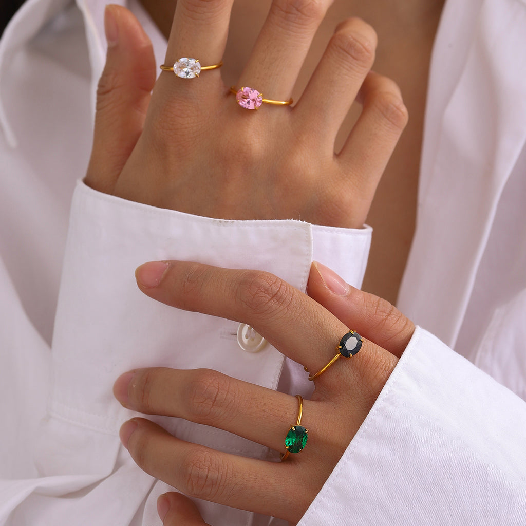 Ring "Solitara" Grün 18K Vergoldet Verstellbar Wasserfest Edelstahl 316L Modern Solitär
