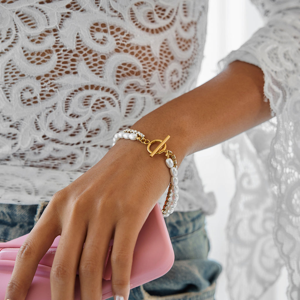 Perlen-Tennis Armband 18K Vergoldet Wasserfest Edelstahl 316L Zirkonia & Süßwasserperlen