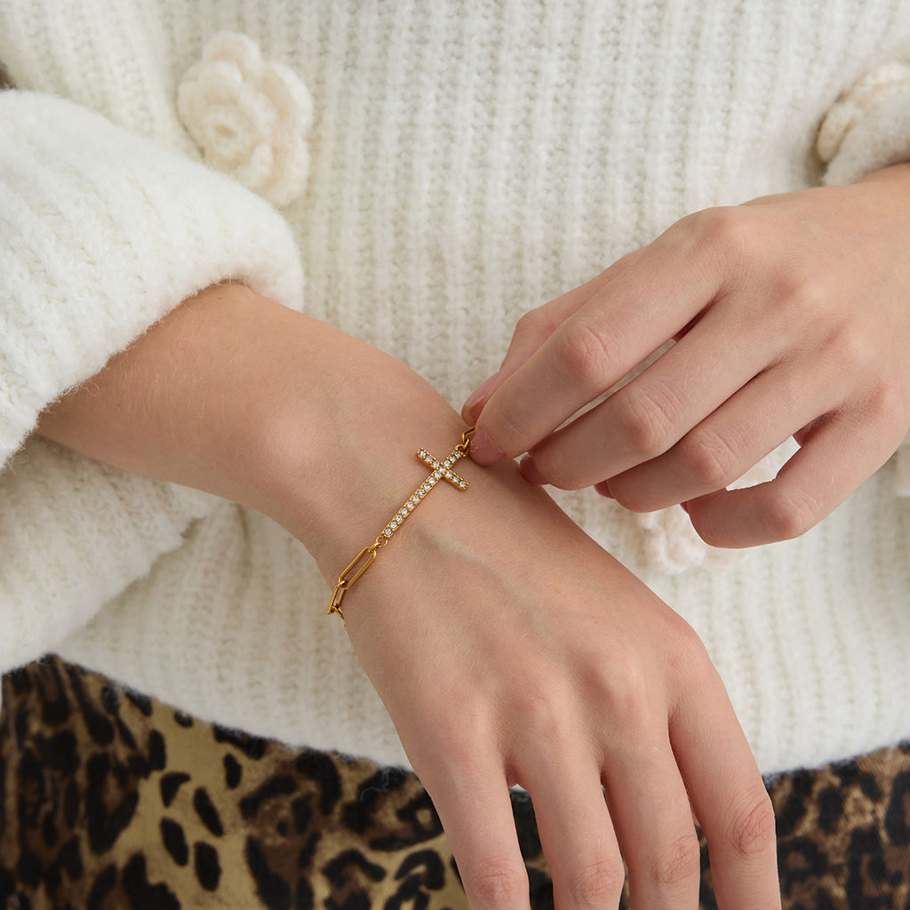 Armband Nicosia Kreuz Zirkonia 18K Vergoldet Gliederkette Wasserfest Edelstahl