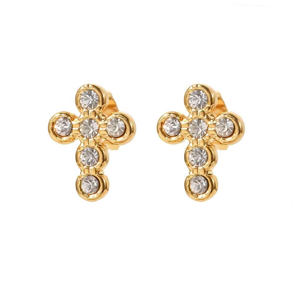 Ohrstecker Kreuz Zirkonia 18K Vergoldet Wasserfest Edelstahl 316L Elegant