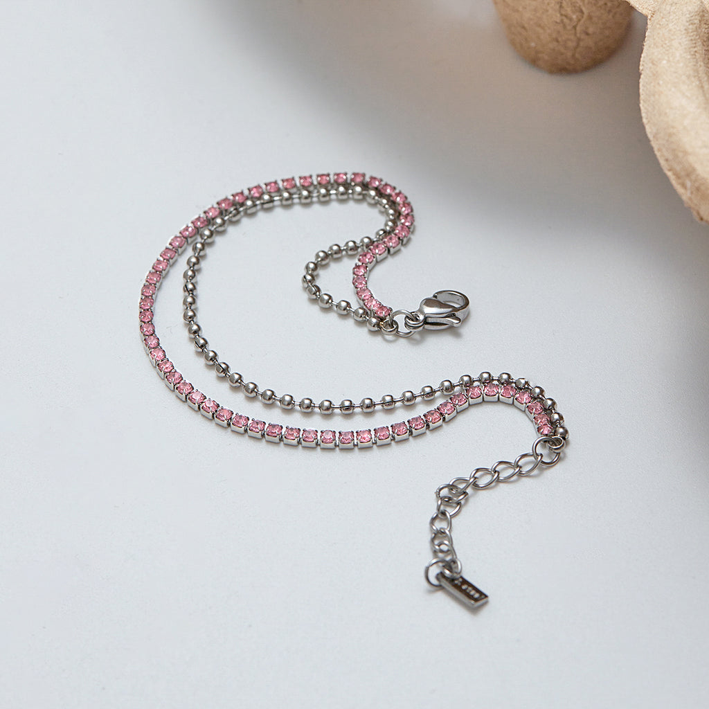 Doppel Armband Rosa Zirkonia Silber Finish Wasserfest Edelstahl 316L Elegant