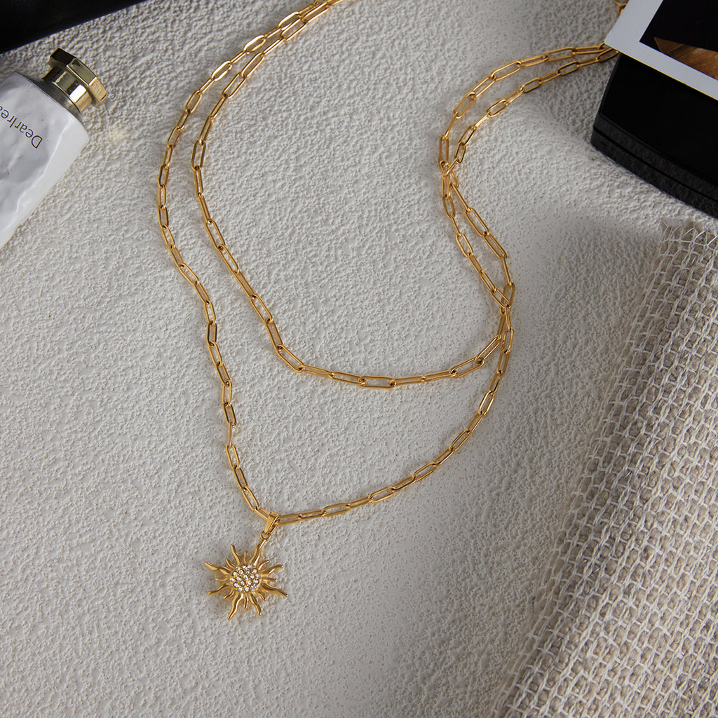 Halskette Sonne Zirkonia 18K Vergoldet Wasserfest Edelstahl 316L Elegant