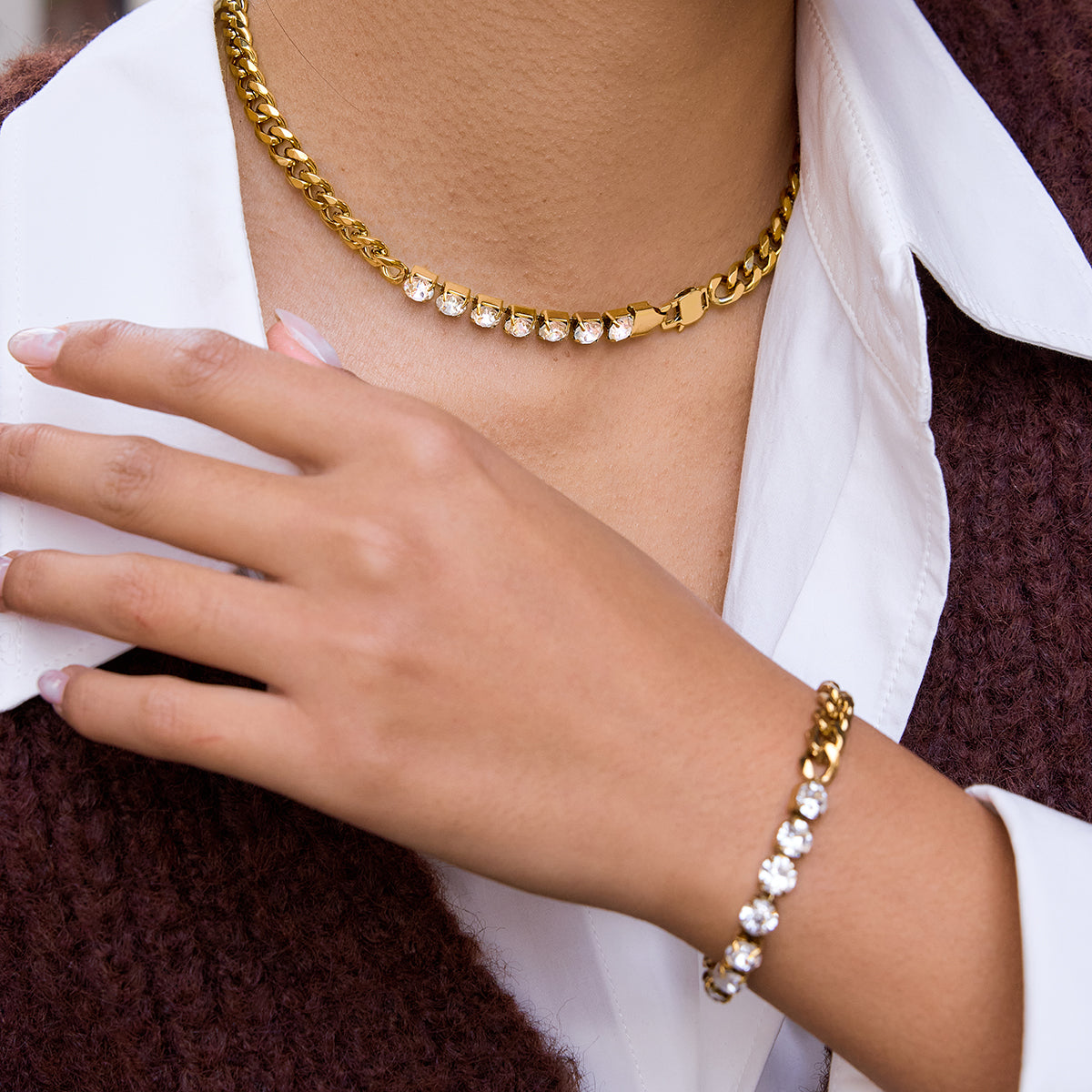 Panzerketten-Set 18K Vergoldet Wasserfest Halskette & Armband Premium Zirkon Edelstahl 316L