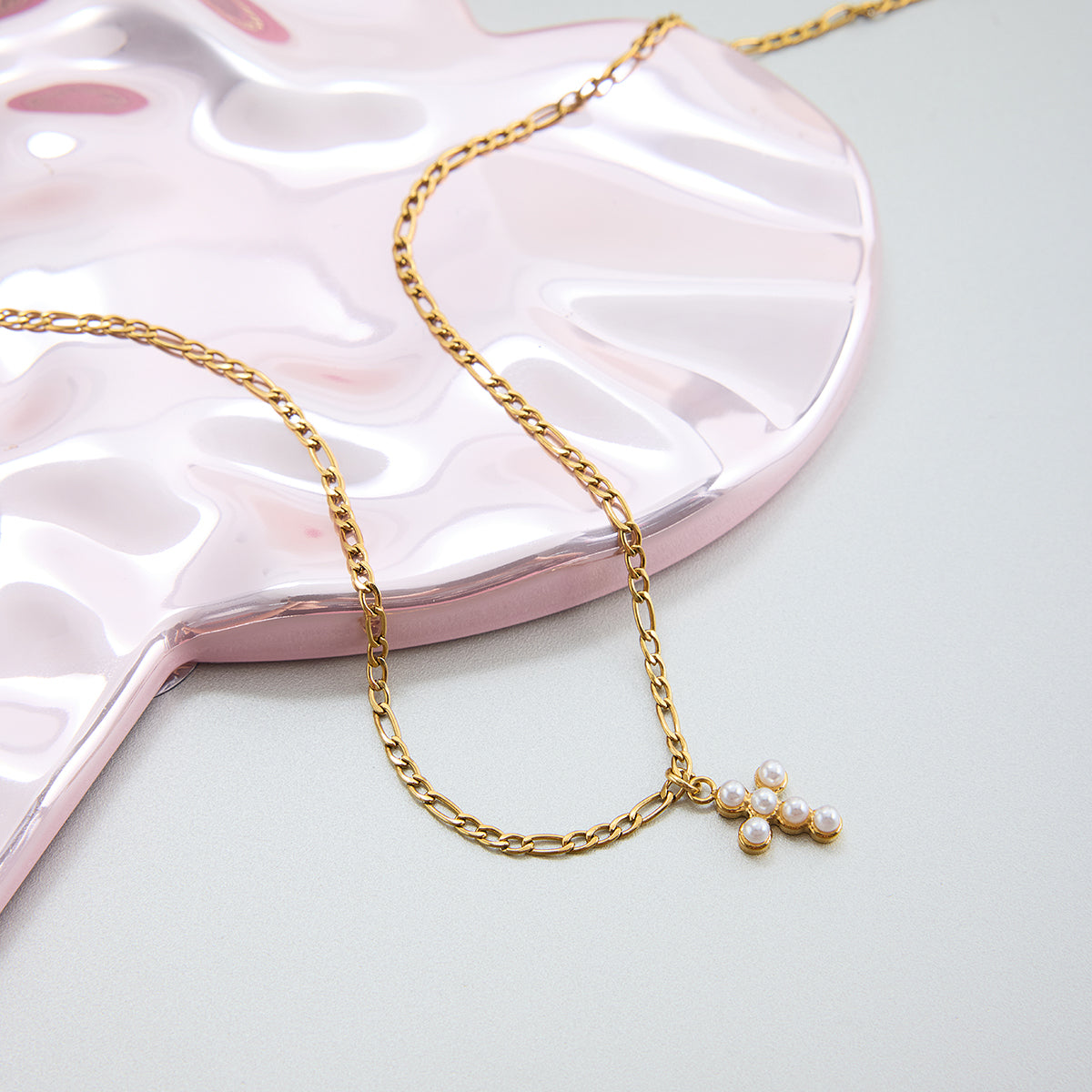 Halskette Perlen-Kreuz 18K Vergoldet Verstellbar Wasserfest Edelstahl 316L Elegant