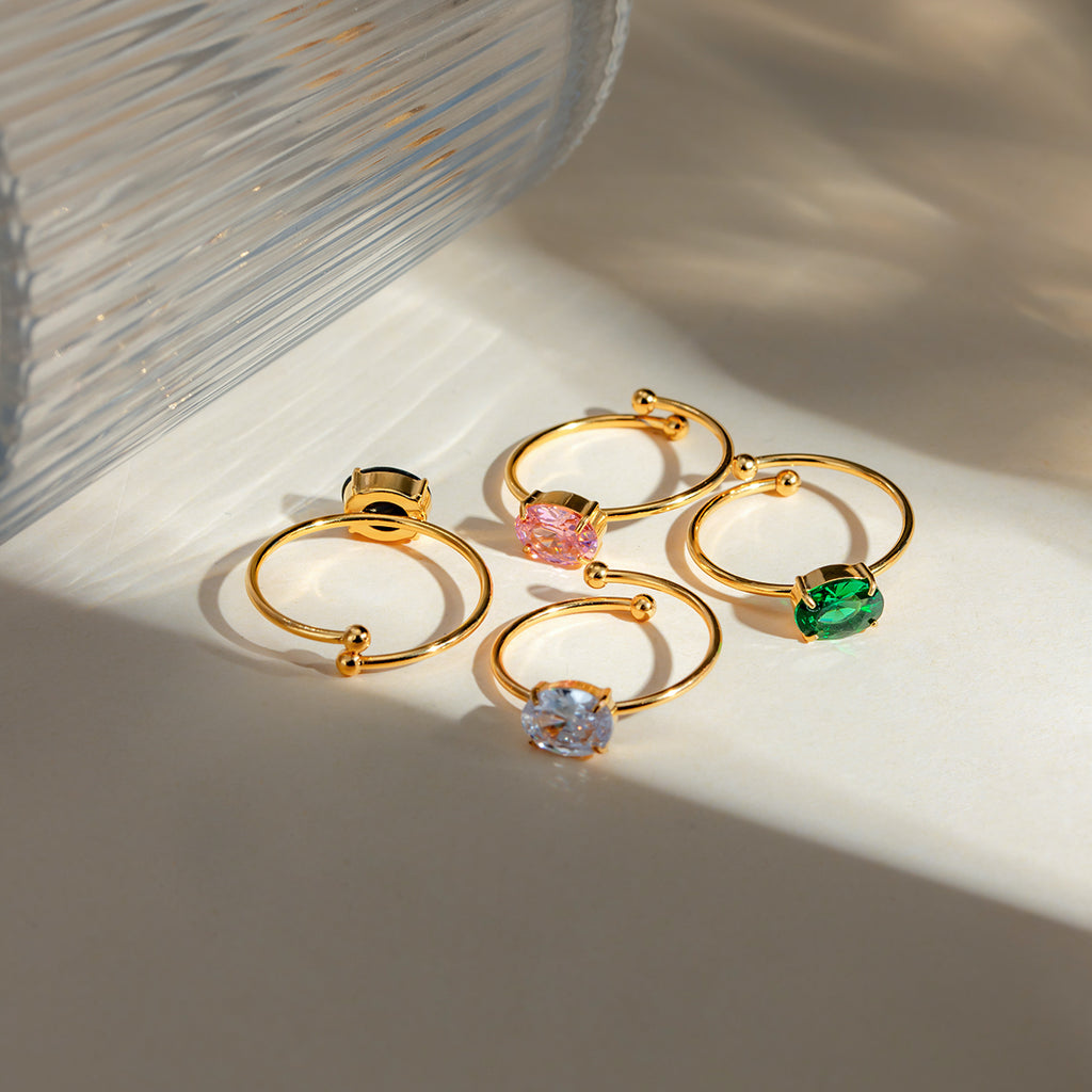 Ring "Solitara" Grün 18K Vergoldet Verstellbar Wasserfest Edelstahl 316L Modern Solitär