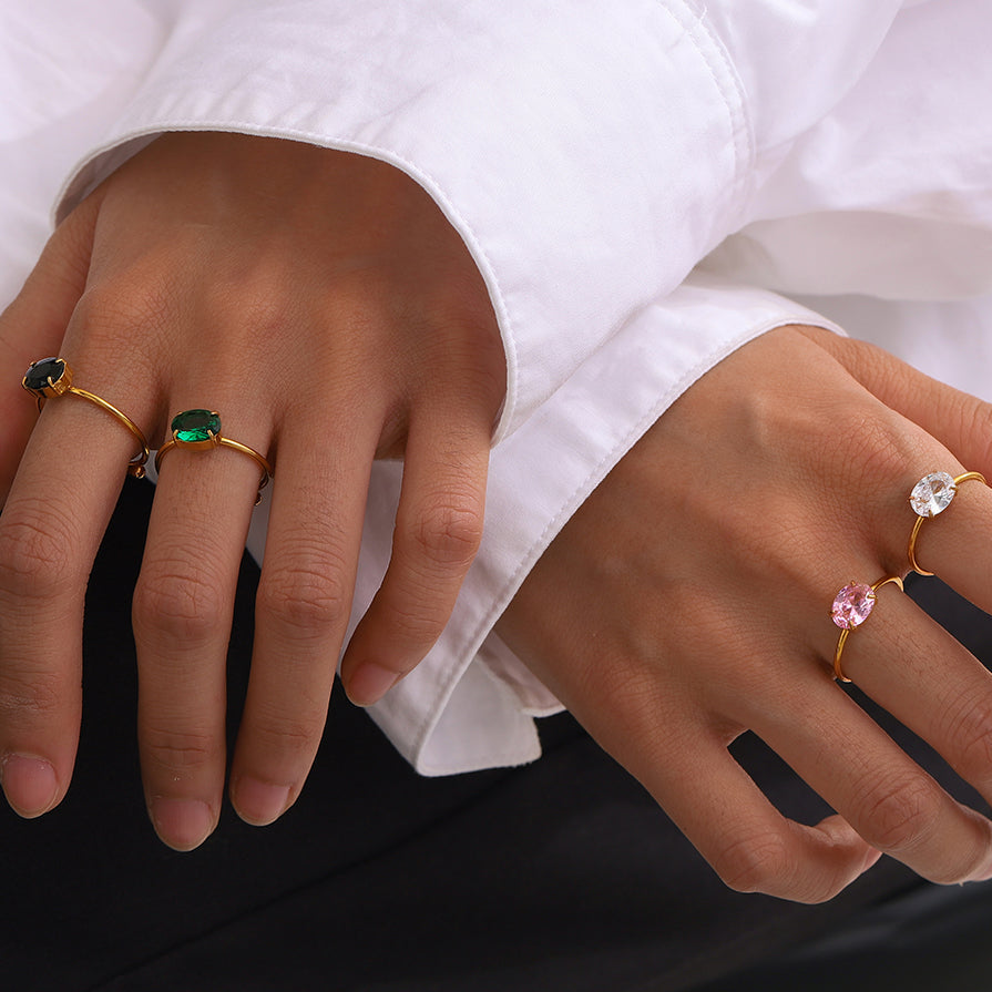 Ring "Solitara" Grün 18K Vergoldet Verstellbar Wasserfest Edelstahl 316L Modern Solitär