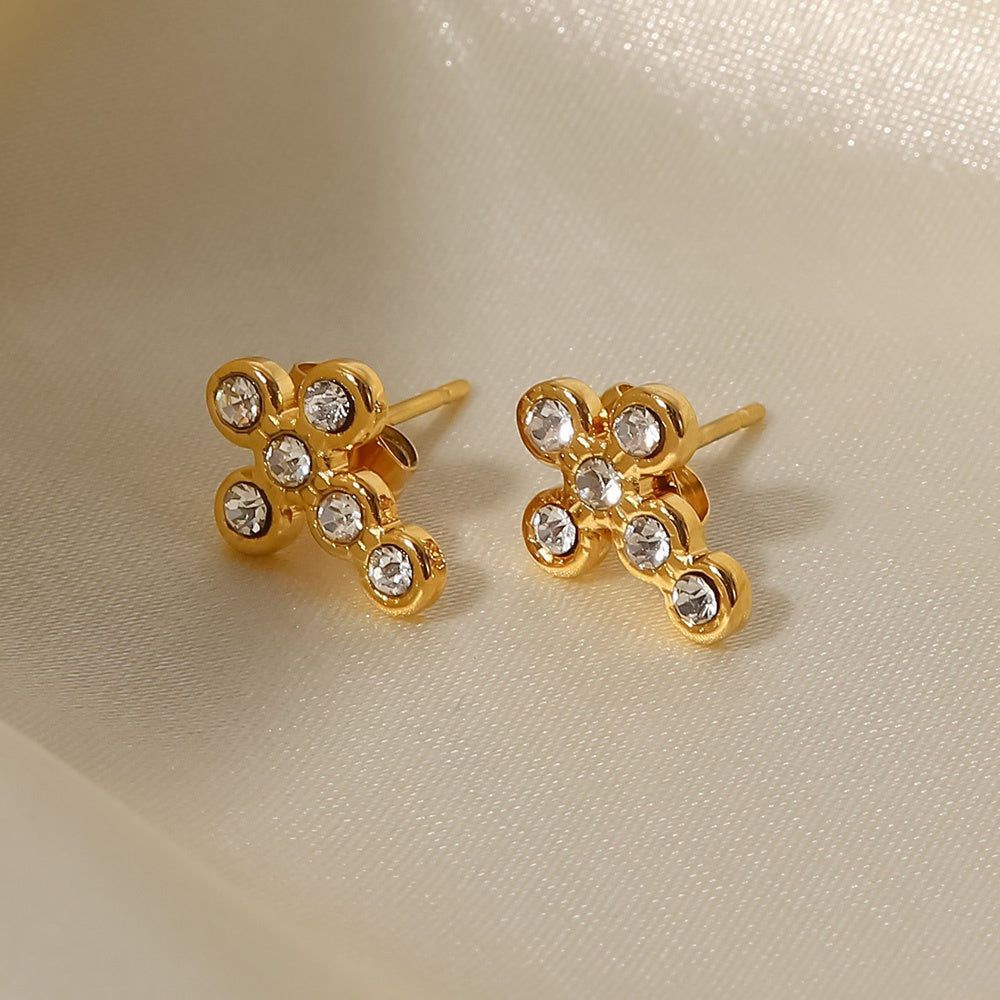 Ohrstecker Kreuz Zirkonia 18K Vergoldet Wasserfest Edelstahl 316L Elegant
