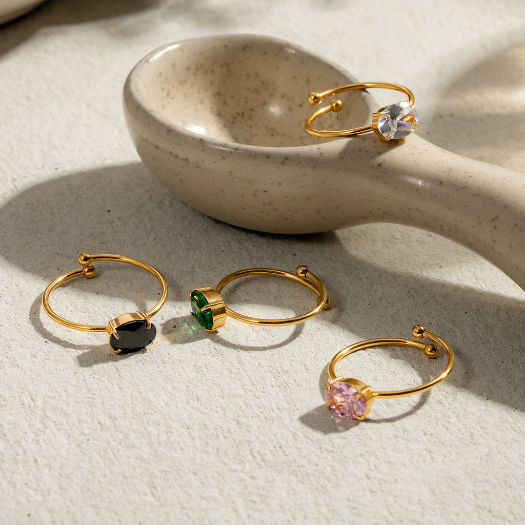 Ring "Solitara" Grün 18K Vergoldet Verstellbar Wasserfest Edelstahl 316L Modern Solitär