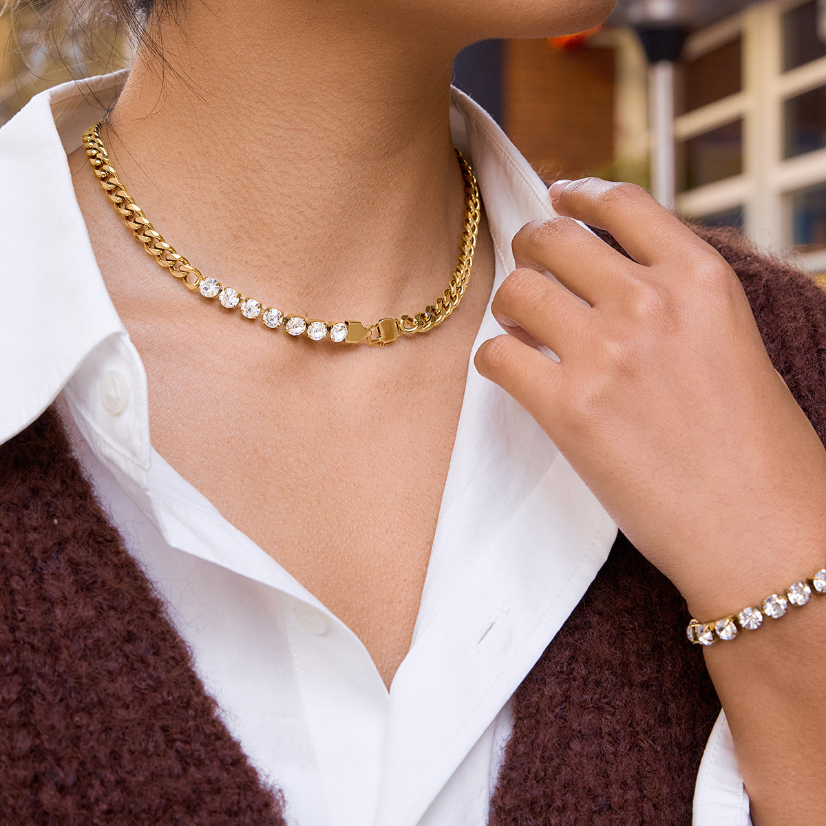 Panzerketten-Set 18K Vergoldet Wasserfest Halskette & Armband Premium Zirkon Edelstahl 316L