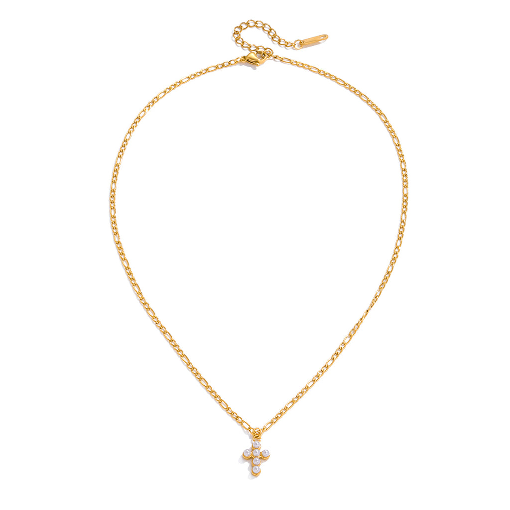 Halskette Perlen-Kreuz 18K Vergoldet Verstellbar Wasserfest Edelstahl 316L Elegant