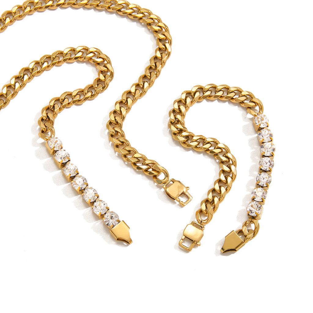Panzerketten-Set 18K Vergoldet Wasserfest Halskette & Armband Premium Zirkon Edelstahl 316L