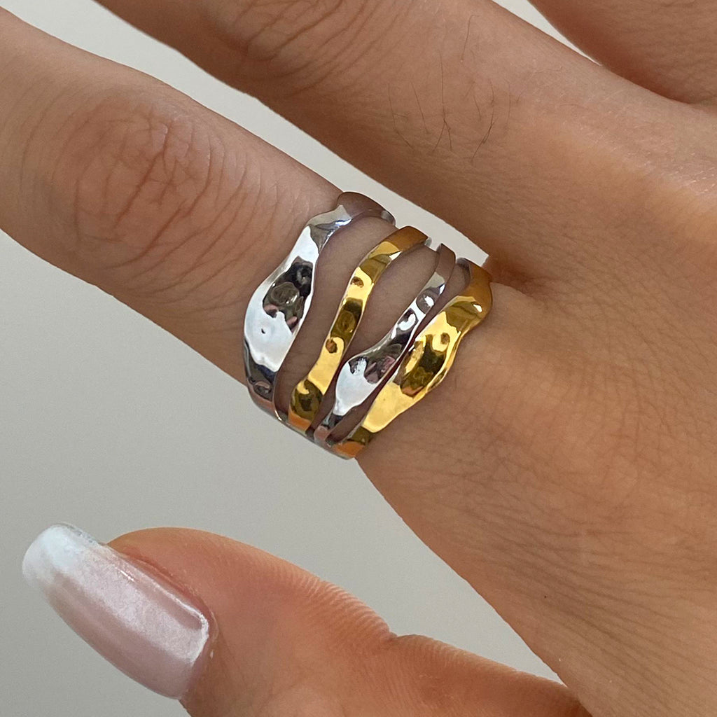 Ring Wellen-Design Bicolor 18K Vergoldet Verstellbar Wasserfest Edelstahl 316L Modern