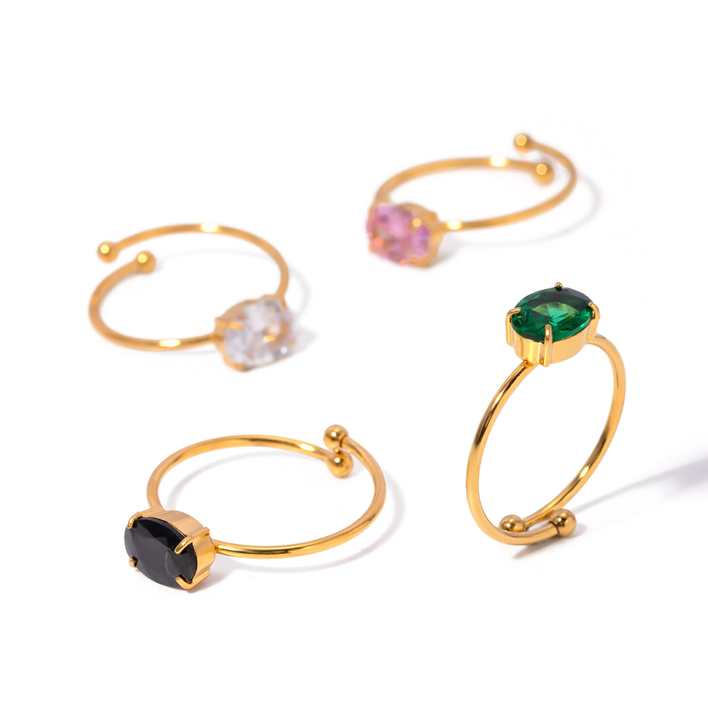 Ring "Solitara" Grün 18K Vergoldet Verstellbar Wasserfest Edelstahl 316L Modern Solitär