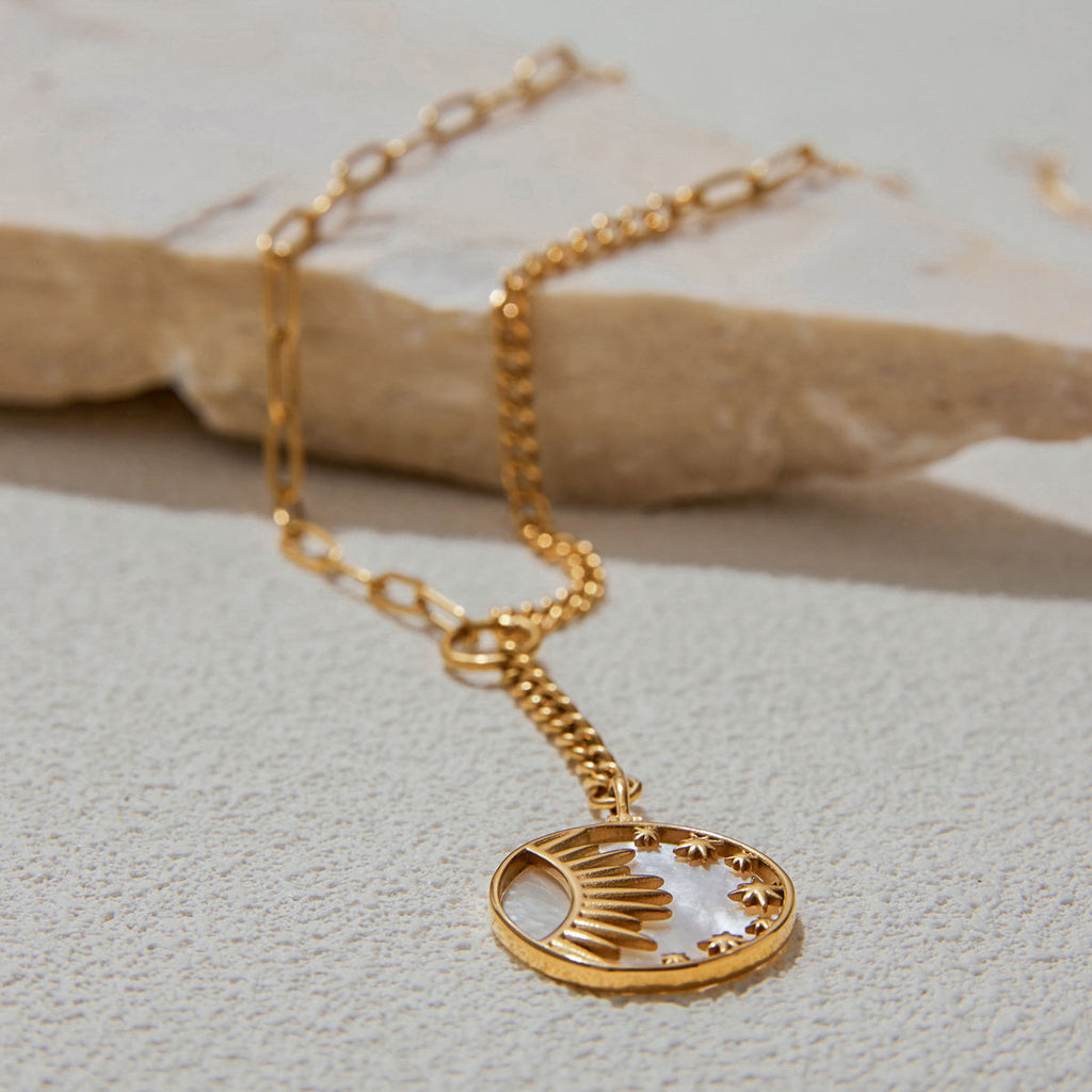 Perlmutt Y-Kette 18K Vergoldet Wasserfest Edelstahl 316L Sonne Mond Sterne