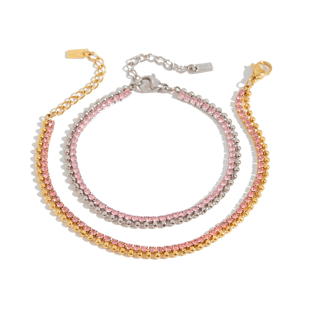Doppel Armband 18K Vergoldet Zirkonia Rosa Wasserfest Edelstahl 316L Elegant