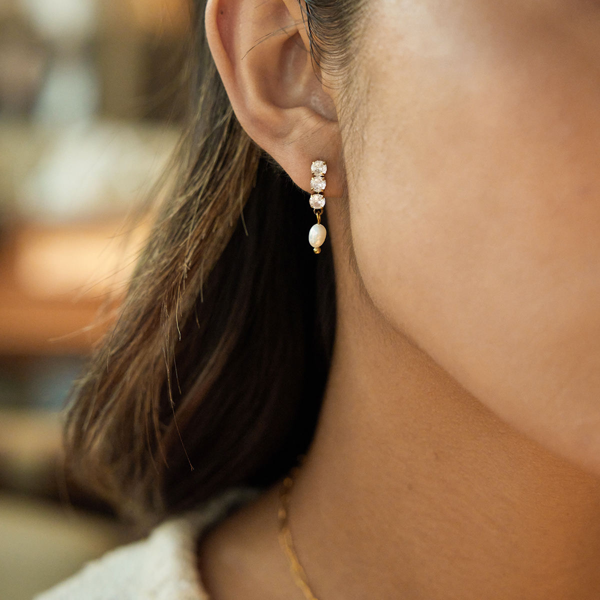 Ohrhänger 18K Vergoldet Wasserfest Edelstahl 316L Zirkonia & Süßwasserperle