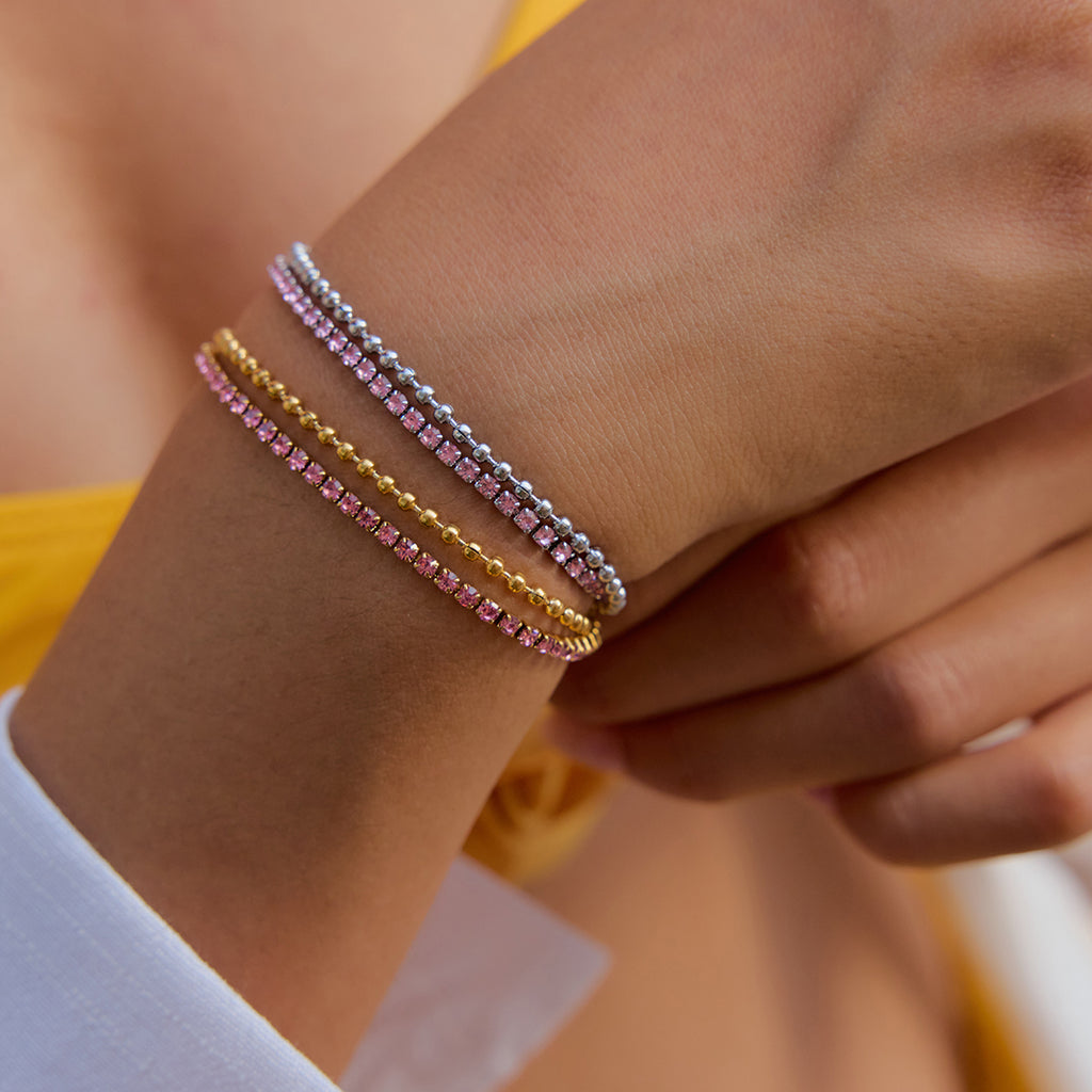 Doppel Armband Rosa Zirkonia Silber Finish Wasserfest Edelstahl 316L Elegant