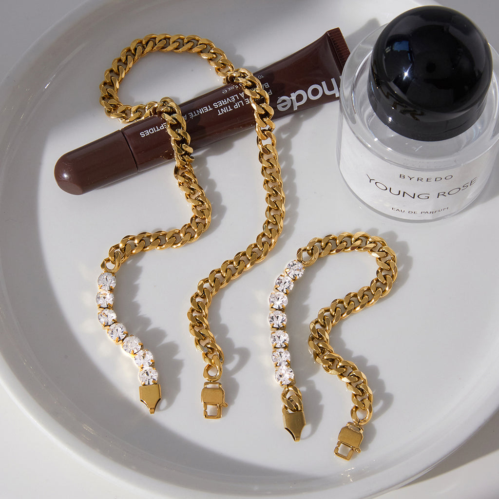 Panzerketten-Set 18K Vergoldet Wasserfest Halskette & Armband Premium Zirkon Edelstahl 316L