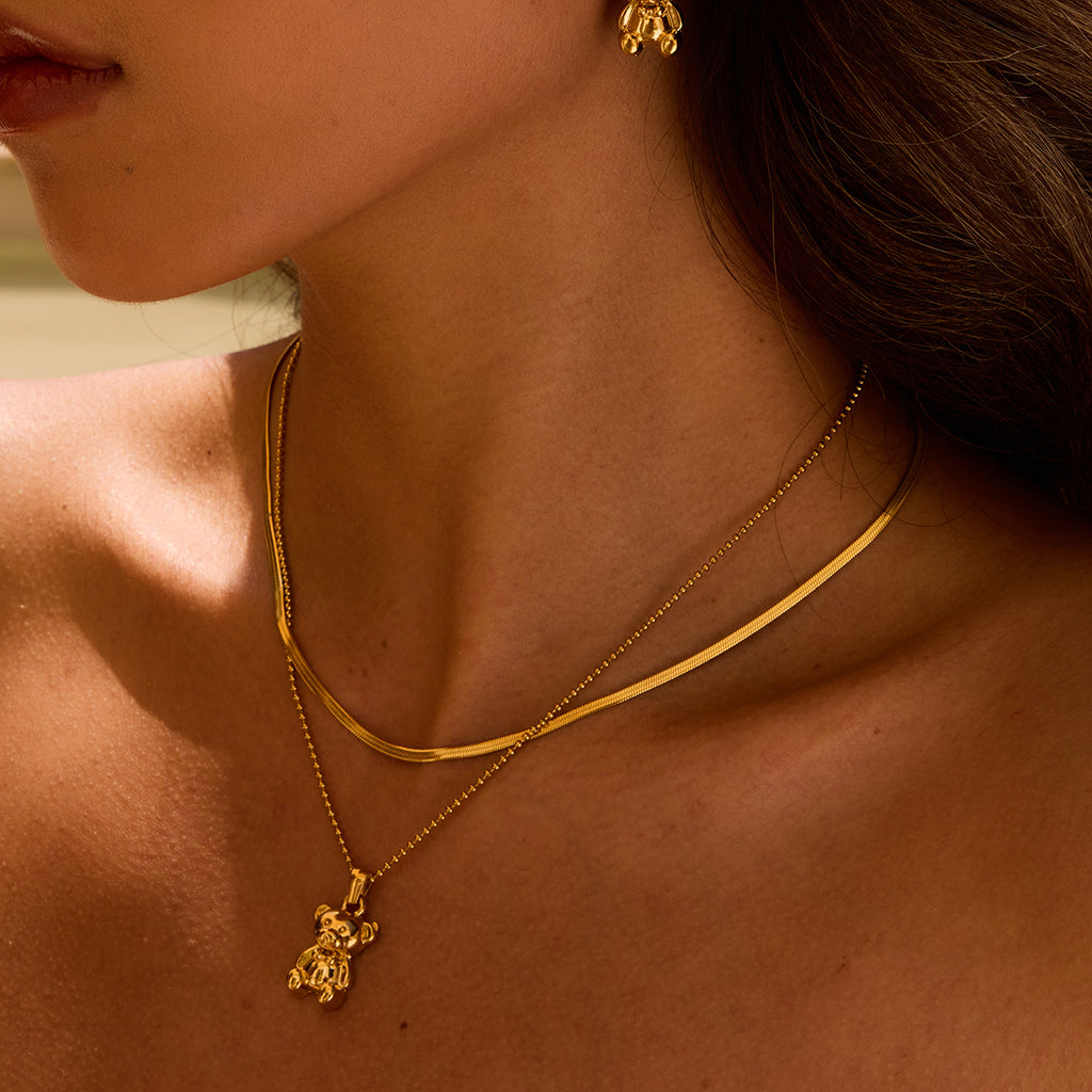 Halskette GoldenTeddy Bär Kette 18K Vergoldet Verstellbar Wasserfest Edelstahl 316L Verspielt