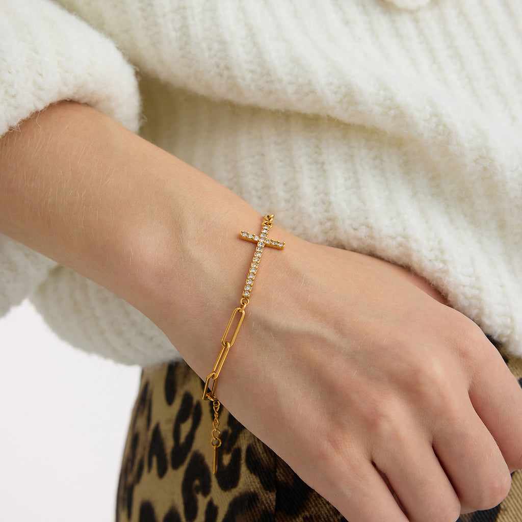 Armband Nicosia Kreuz Zirkonia 18K Vergoldet Gliederkette Wasserfest Edelstahl