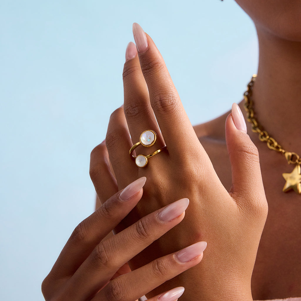 Zirkon Opal Ring 18K Vergoldet Wasserfest Edelstahl 316L Doppelstein-Ring