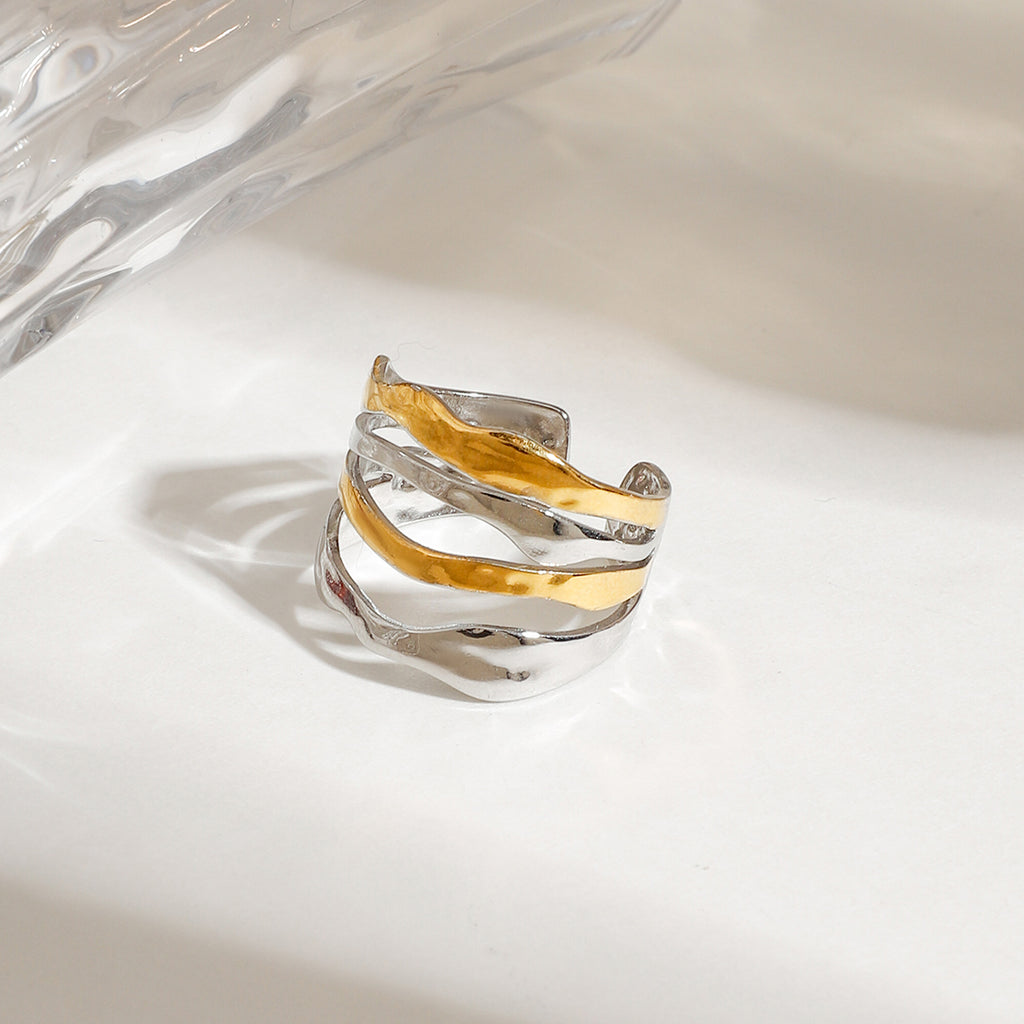 Ring Wellen-Design Bicolor 18K Vergoldet Verstellbar Wasserfest Edelstahl 316L Modern