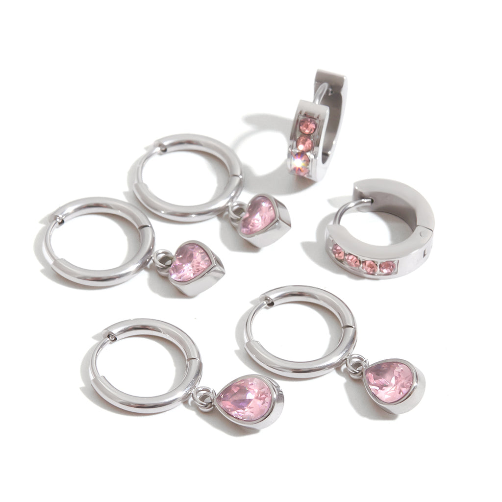 Creolen Zirkonia Silber Finish Wasserfest Edelstahl 316L Schmal Rosa