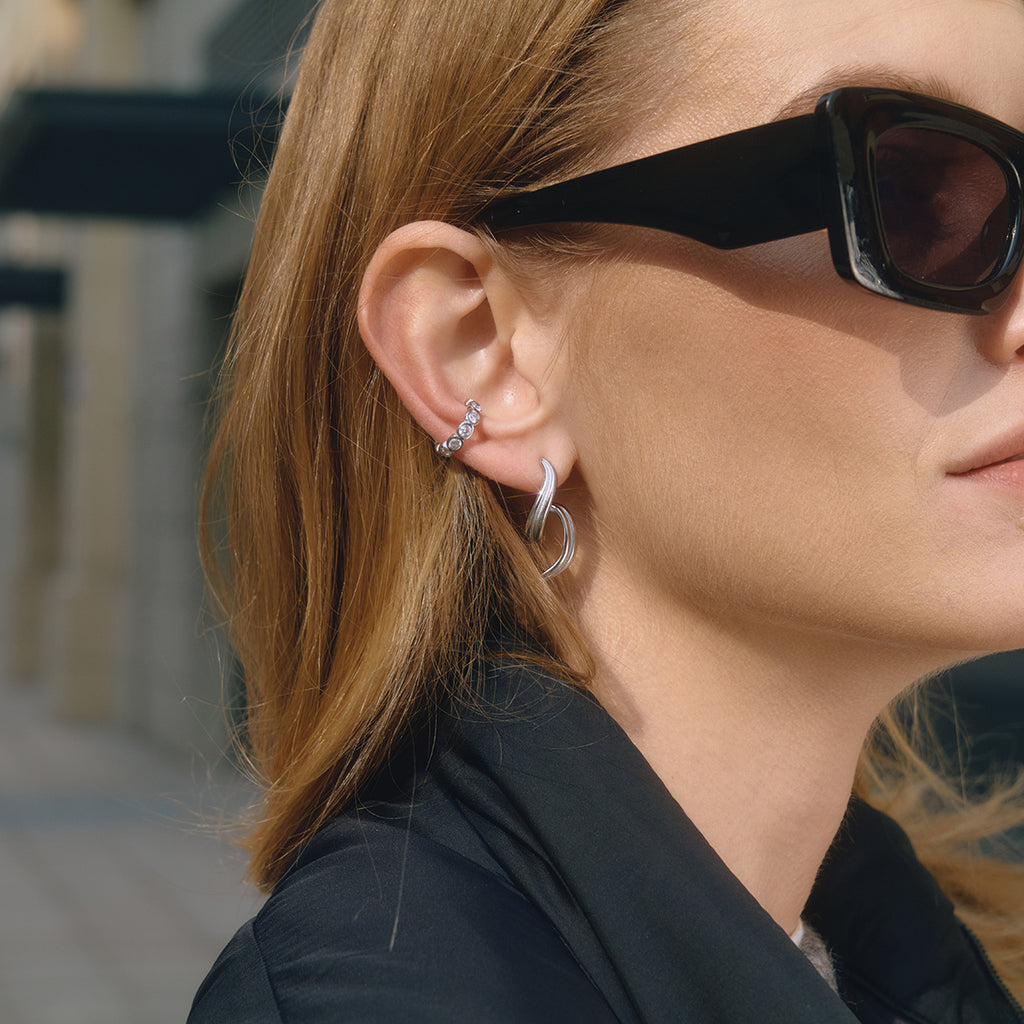 Ear Cuff Zirkonia Silber Finish Wasserfest Edelstahl 316L Elegant