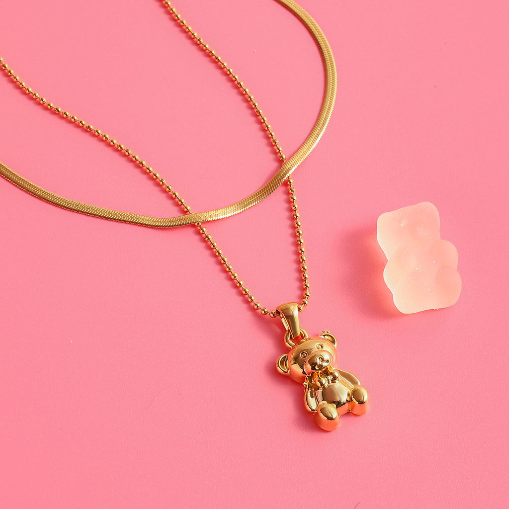Halskette GoldenTeddy Bär Kette 18K Vergoldet Verstellbar Wasserfest Edelstahl 316L Verspielt