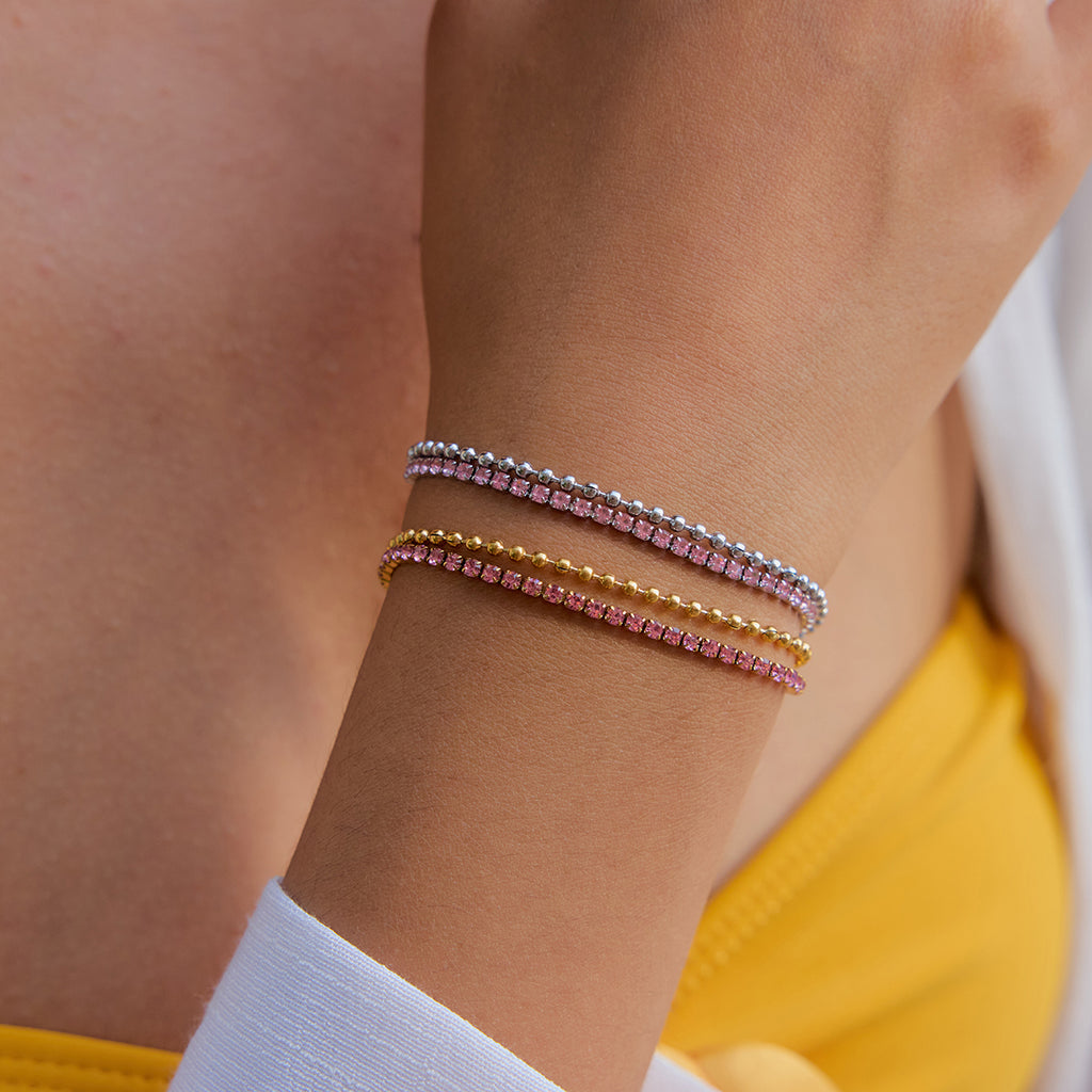 Doppel Armband 18K Vergoldet Zirkonia Rosa Wasserfest Edelstahl 316L Elegant