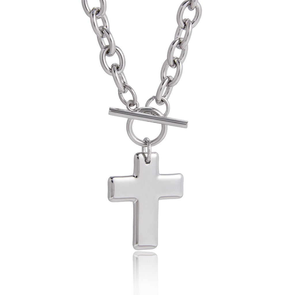 Halskette Kreuz Anhänger Silber Finish Wasserfest Edelstahl 316L Toggle Verschluss