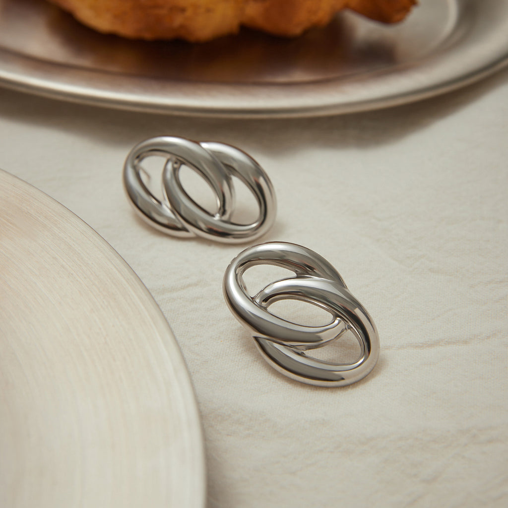 Ohrringe Doppel-Ring Silber Finish Stecker Wasserfest Edelstahl 316L Modern